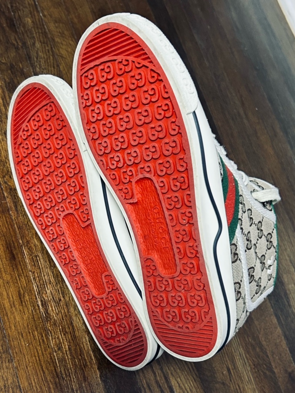 Gucci womens Beige GG Canvas High-Top Sneakers w/Green Interior size 7.5 run big - Picture 7 of 11